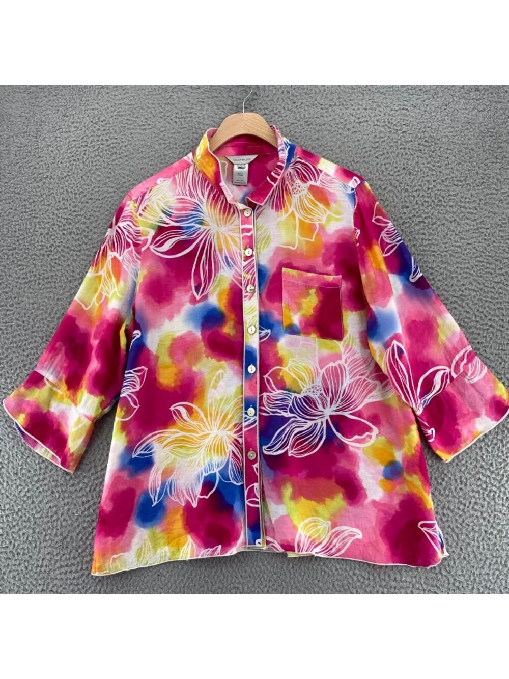Multiples Shirt Womens Large Petite Pink Blue Floral Button 3/4 Sleeve Collared
